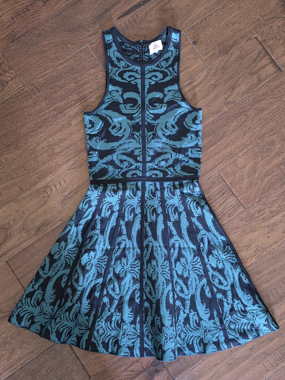 Parker Kiley Damask Fit & Flare Mini Dress Teal Black Knit Sleeveless Sz XS